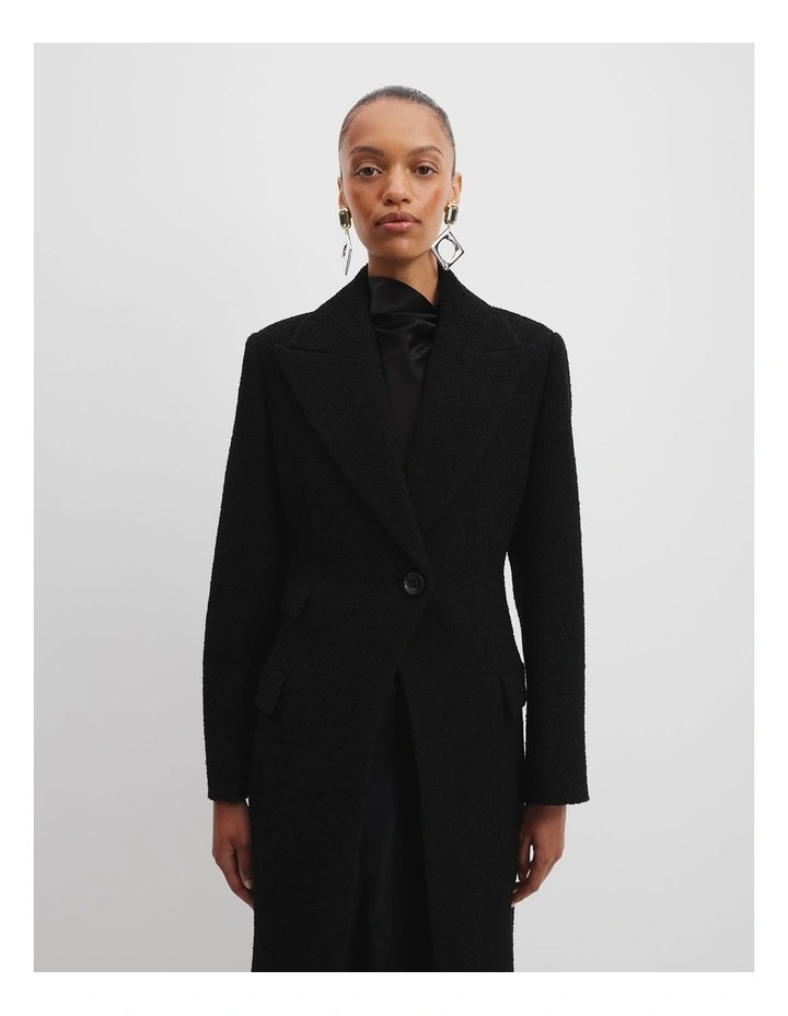 Sharp Lapel Boucle Coat in Black image 3