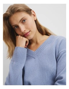 Verified Australian Merino Wool V-neck Knit in Steel Blue