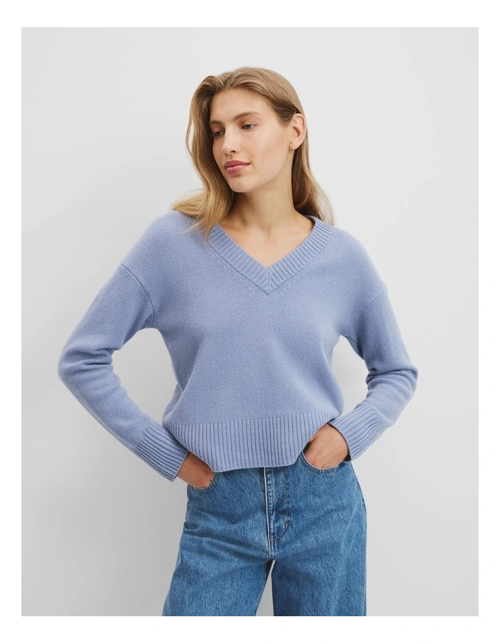 Verified Australian Merino Wool V-neck Knit in Steel Blue image 2