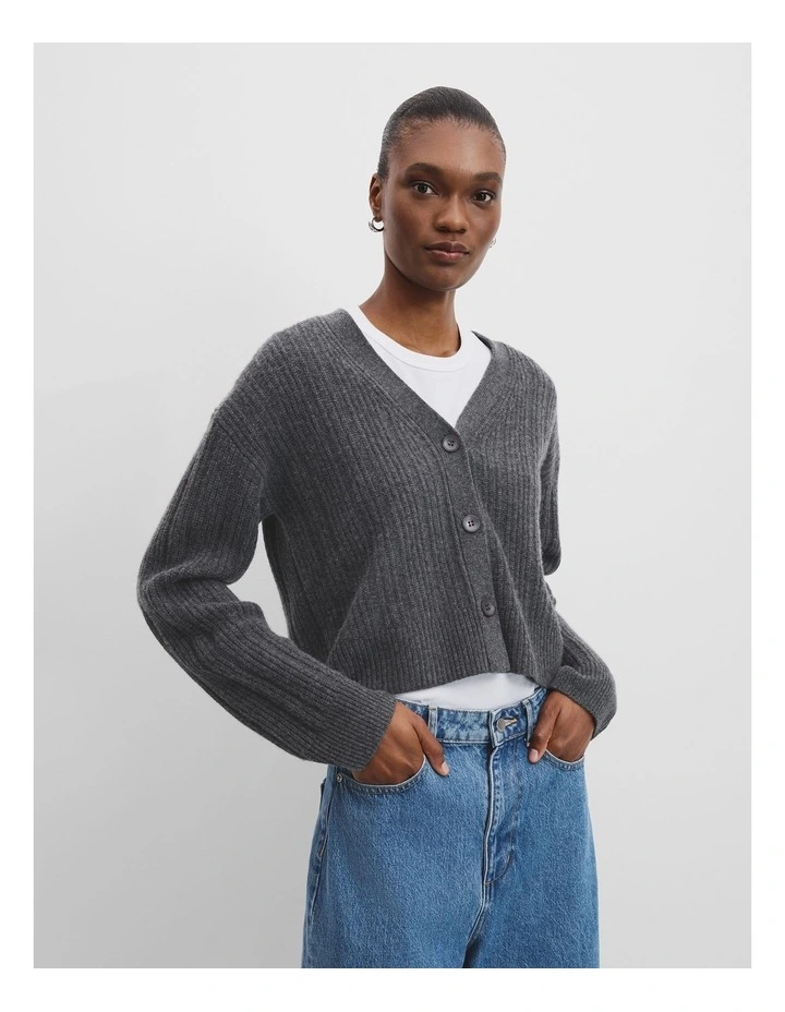 Rib Knit Cardigan in Charcoal Marle image 1