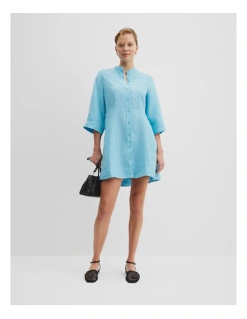 Organically Grown Linen Shirt Mini Dress in Sea Blue