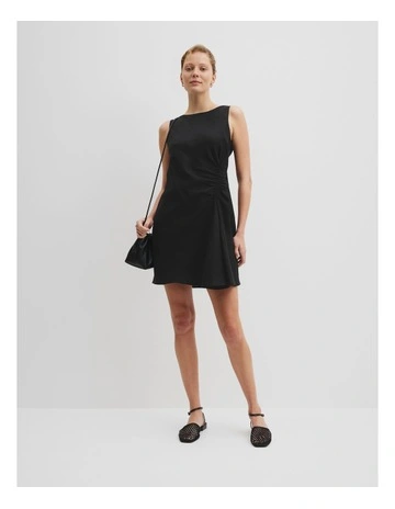 Organically Grown Linen Ruched Mini Dress in Black