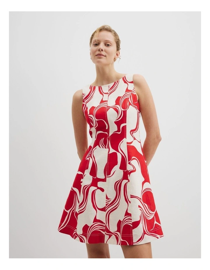 Organically Grown Linen Print Flared Mini Dress in Fiesta Swirl Geo image 1
