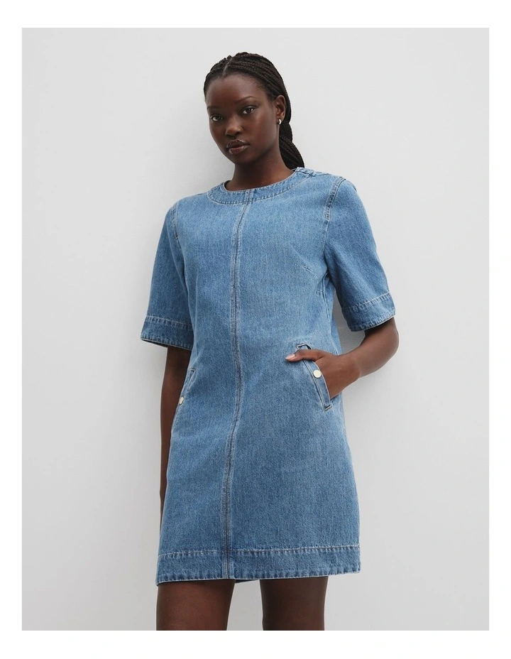 Denim Mini Dress in Mid Blue Wash image 1