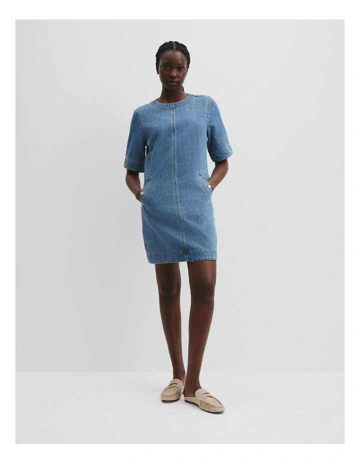 Denim Mini Dress in Mid Blue Wash image 3