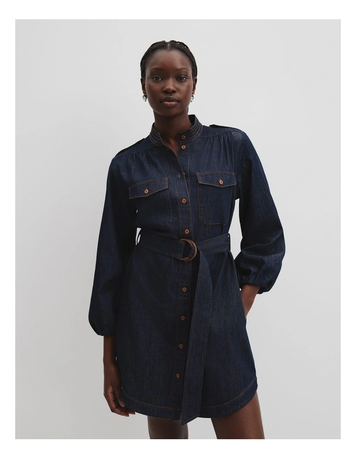 Denim Belted Shirt Dress in Indigo Rinse image 1