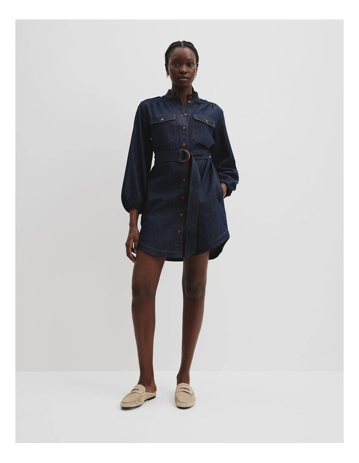 Denim Belted Shirt Dress in Indigo Rinse image 2