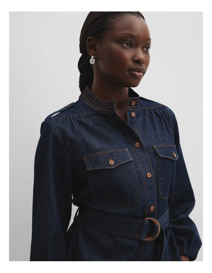 Denim Belted Shirt Dress in Indigo Rinse image 3