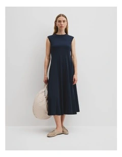 Stitch Detail Midi Dress in Navy