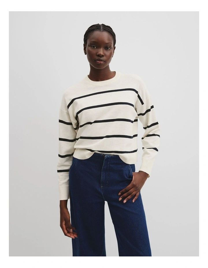 Stripe Crew Neck Knit Jumper in Cream image 1