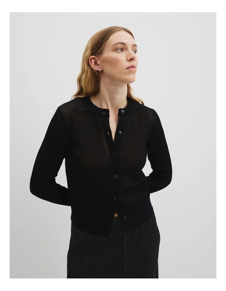 Open Mesh Knit Cardigan in Black image 3