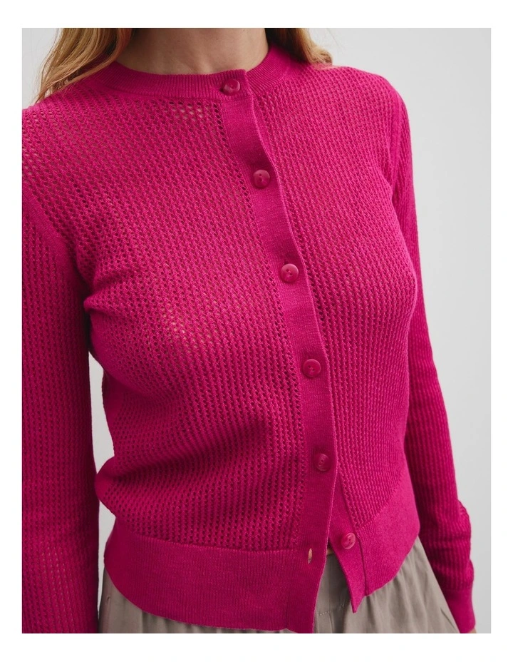 Open Mesh Knit Cardigan in Raspberry image 2