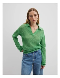 Long Sleeve Polo Knit Jumper in Jade Green