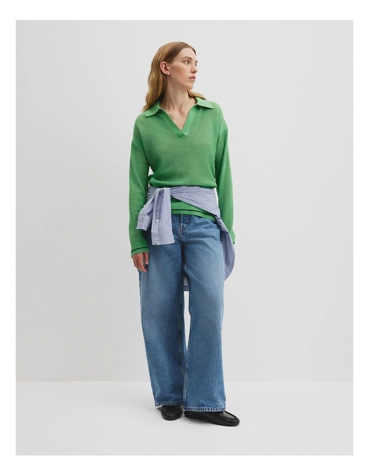 Long Sleeve Polo Knit Jumper in Jade Green image 3