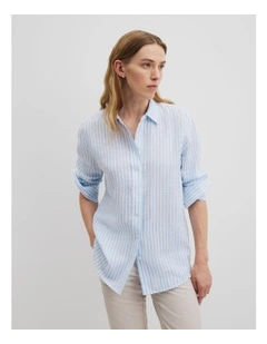 Organically Grown Linen Stripe Shirt in Soft Blue