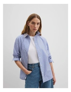 Organically Grown Cotton Stripe Poplin Shirt in Navy