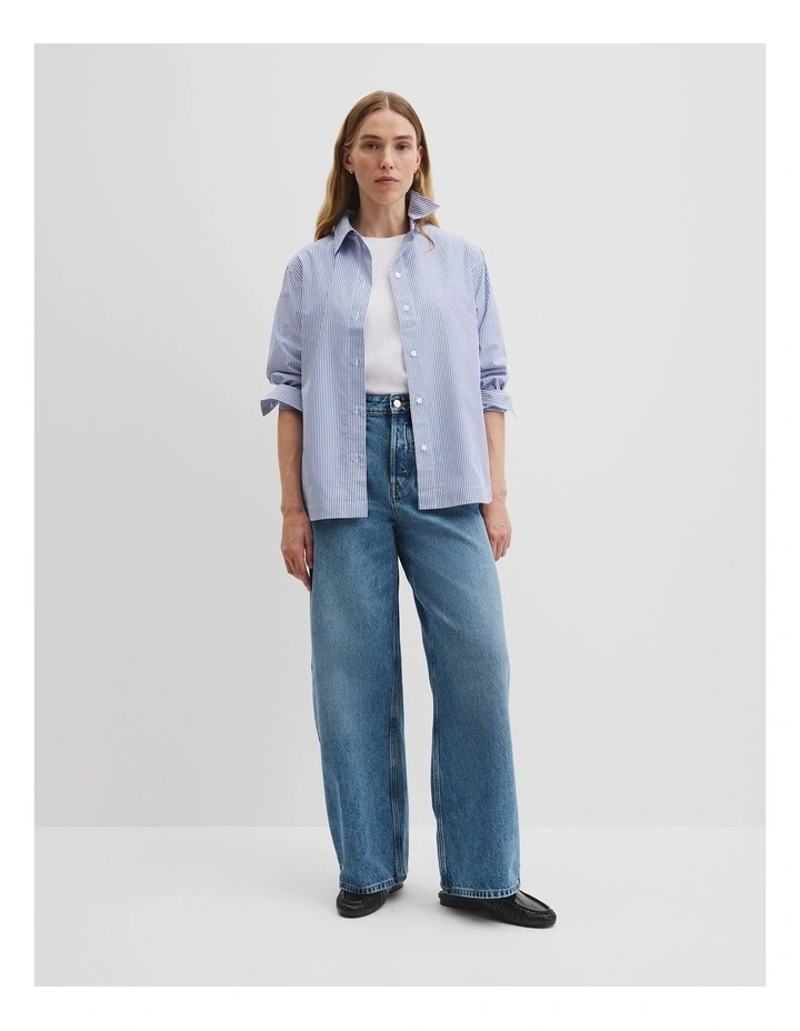 Organically Grown Cotton Stripe Poplin Shirt in Navy image 3