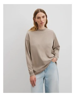 Australian Cotton Long Sleeve Relaxed T-shirt in Taupe