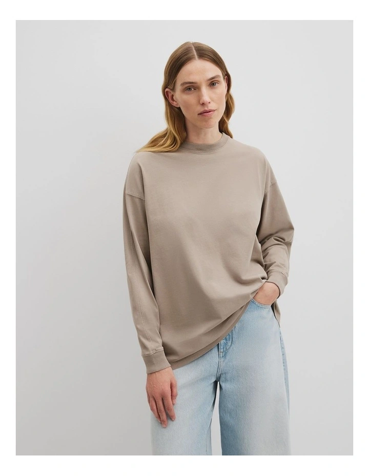 Australian Cotton Long Sleeve Relaxed T-shirt in Taupe image 1