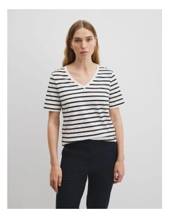 Australian Cotton Stripe Short Sleeve V-neck Neck T-shirt in Navy Stripe