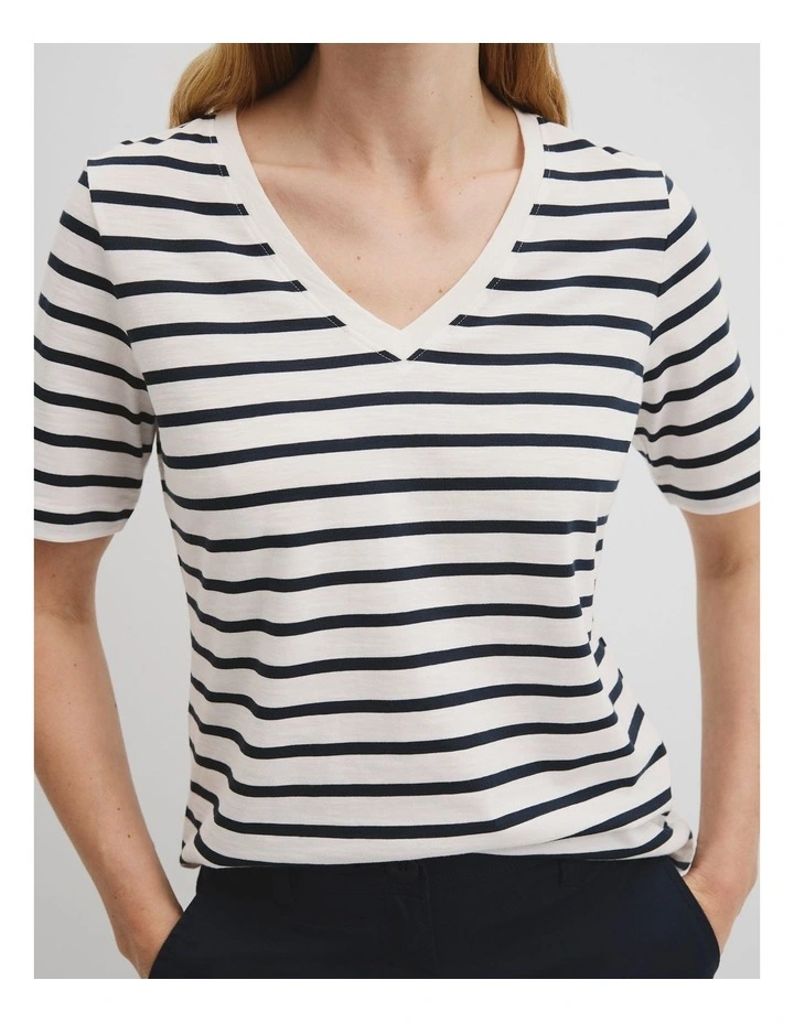 Australian Cotton Stripe Short Sleeve V-neck Neck T-shirt in Navy Stripe image 2