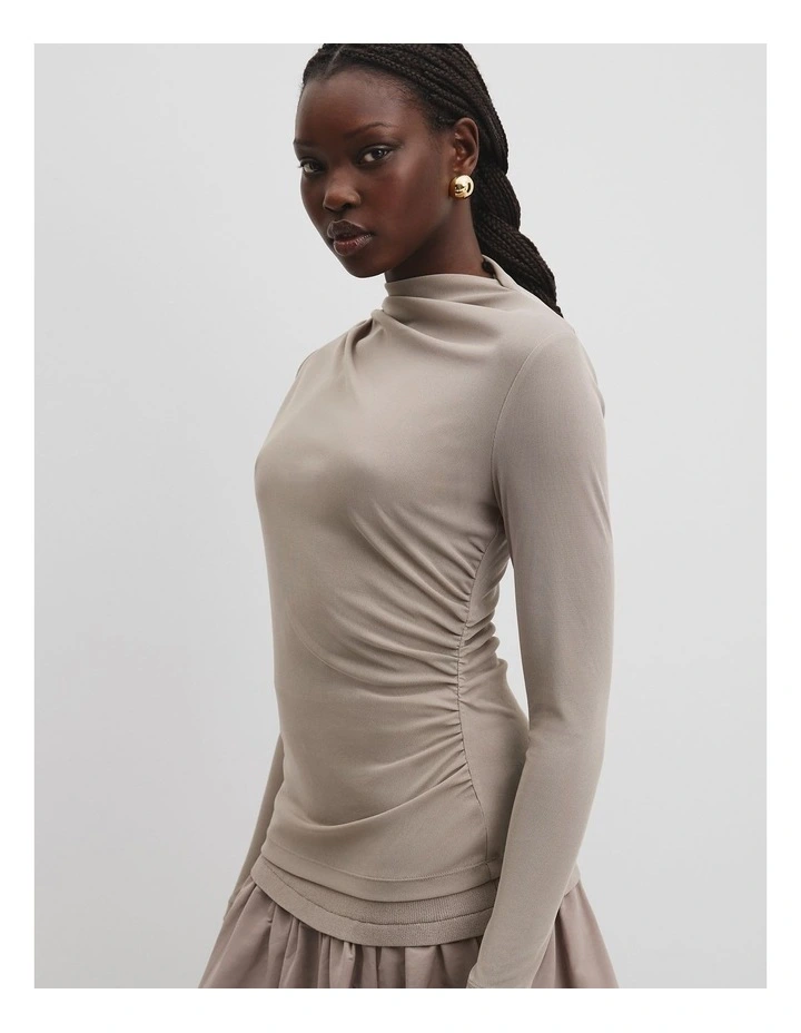 Recycled Polyester Sheer Drape Top in Taupe image 1