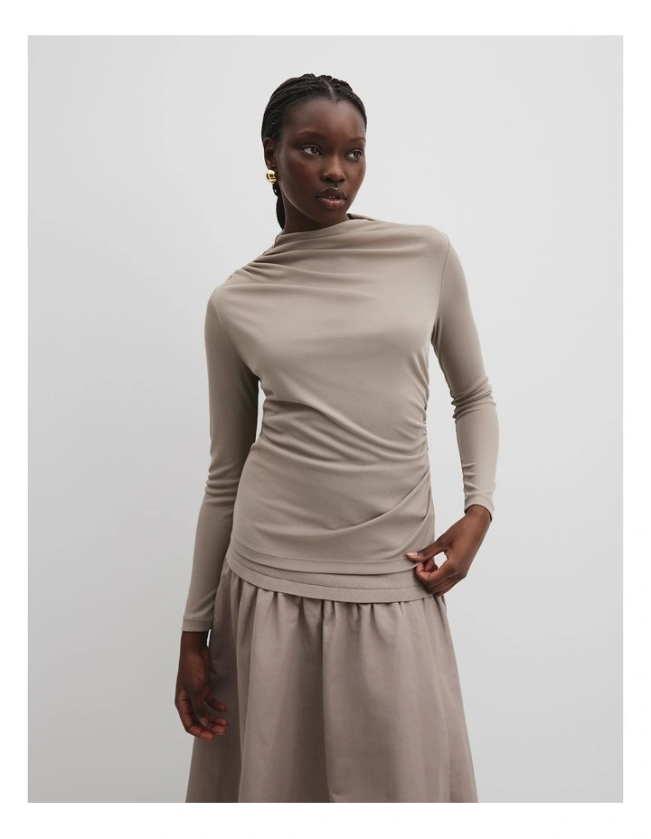 Recycled Polyester Sheer Drape Top in Taupe image 3