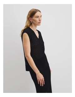Organically Grown Cotton Linen Open Mesh Knit T-shirt in Black