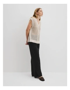 Organically Grown Cotton Linen Open Mesh Knit T-shirt in Crema