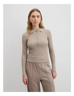 Wool Silk Knit Henley in Taupe