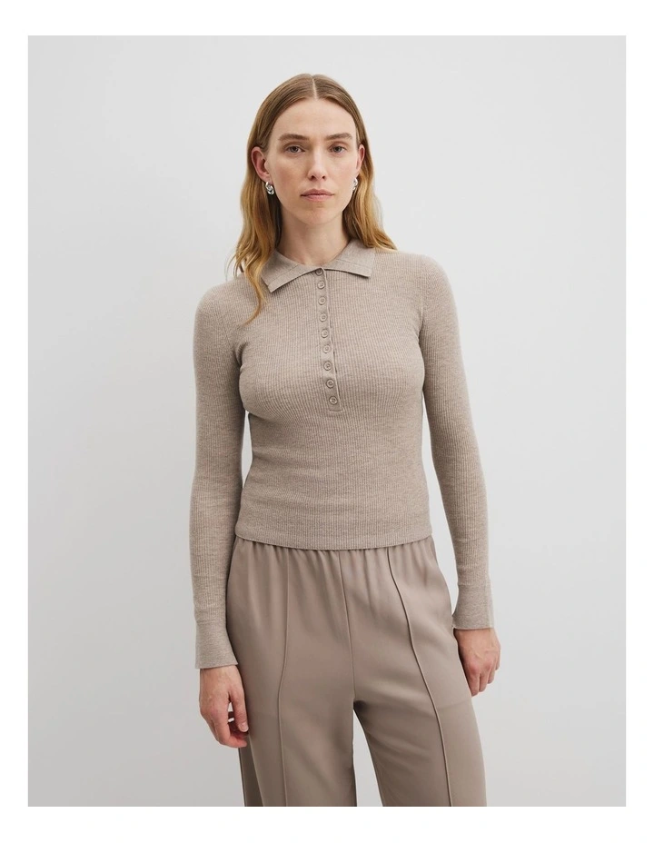 Wool Silk Knit Henley in Taupe image 1