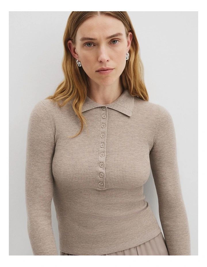Wool Silk Knit Henley in Taupe image 2