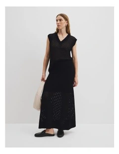 Organically Grown Cotton Linen Open Mesh Knit Skirt in Black