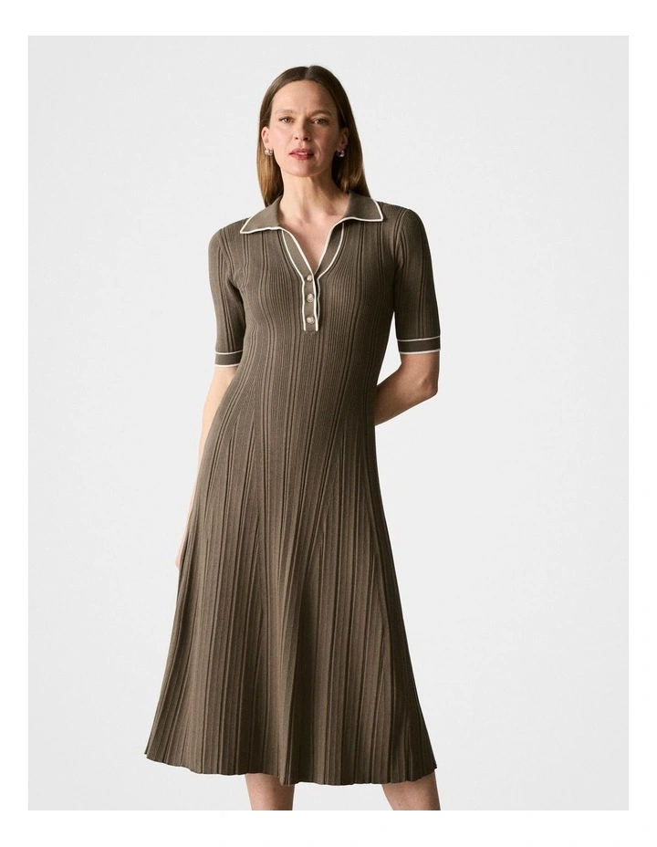 Cotton Cashmere Blend Rib Knit Polo Dress in Dark Olive image 1