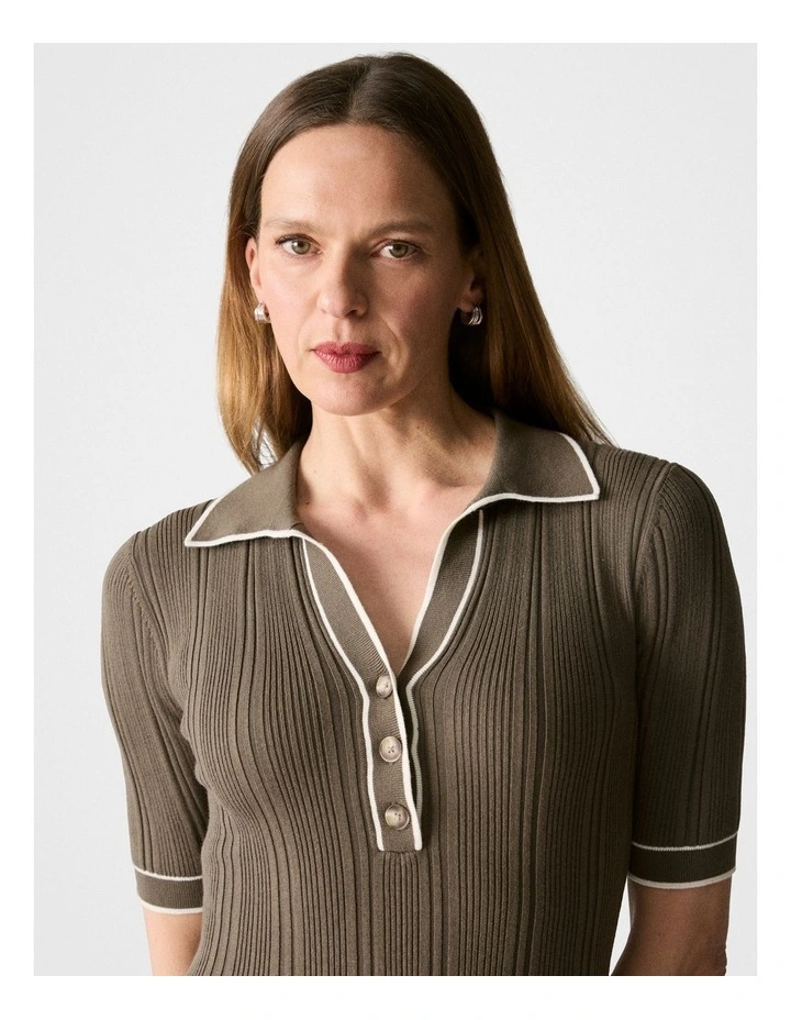 Cotton Cashmere Blend Rib Knit Polo Dress in Dark Olive image 3