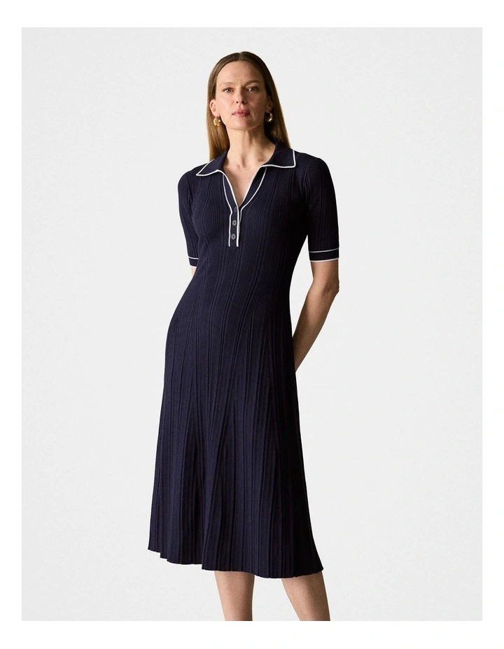 Cotton Cashmere Blend Rib Knit Polo Dress in Night Sky image 1