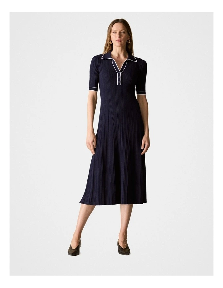Cotton Cashmere Blend Rib Knit Polo Dress in Night Sky image 2