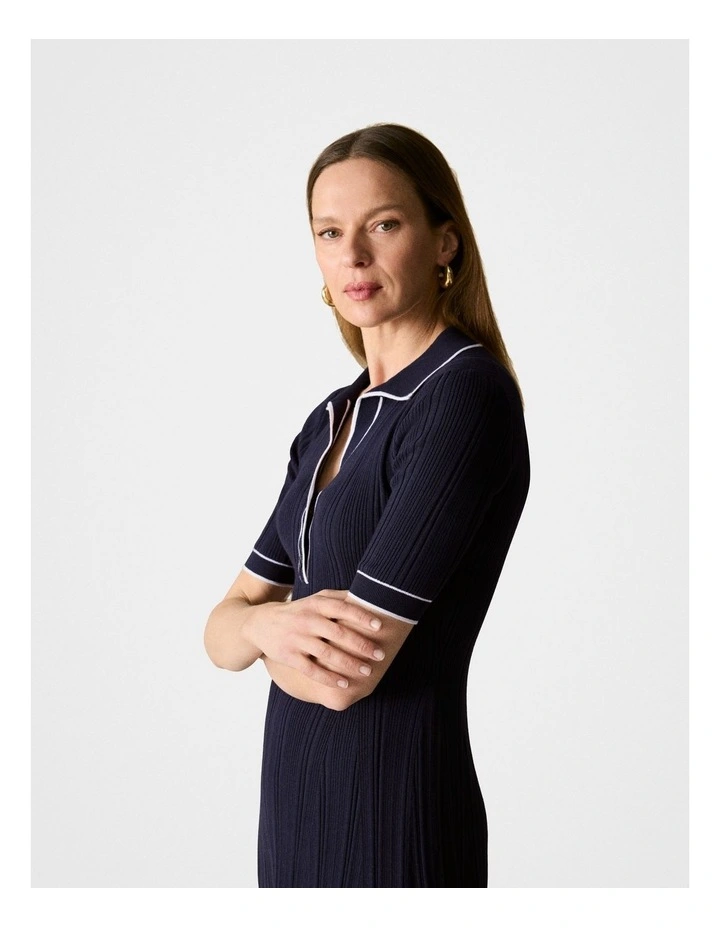 Cotton Cashmere Blend Rib Knit Polo Dress in Night Sky image 4