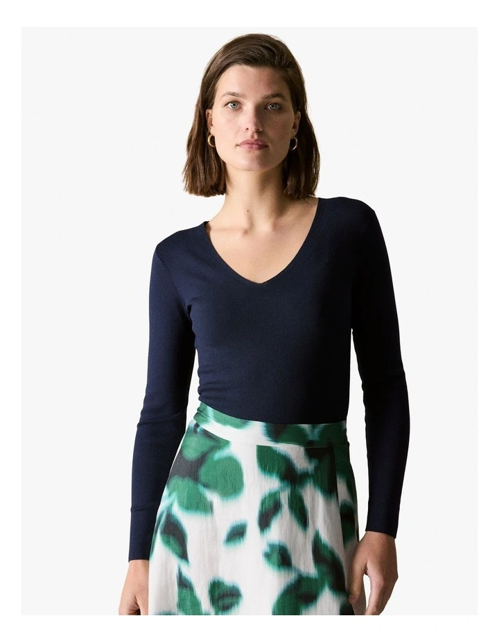 Silk Cotton Blend V Neck Knit in Night Sky image 1