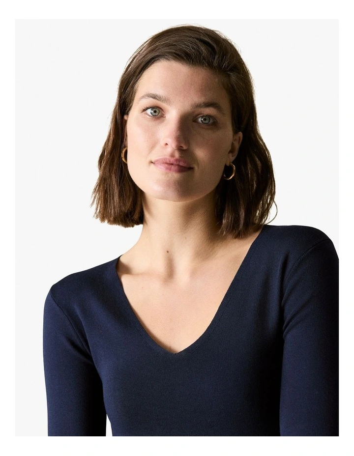 Silk Cotton Blend V Neck Knit in Night Sky image 4