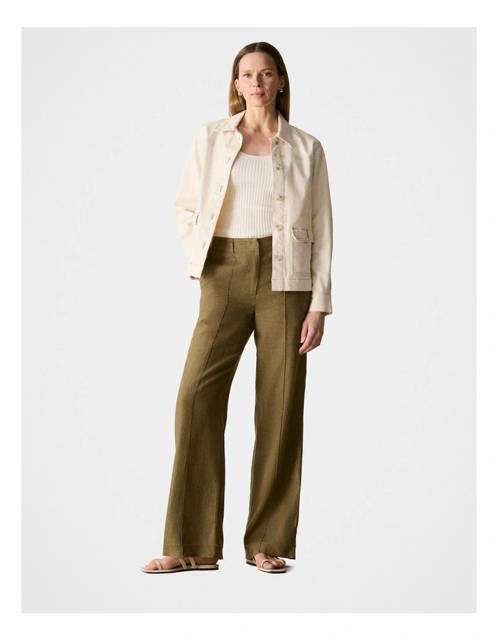 Linen Pintuck Detail Wide Leg Pant in Olive image 1