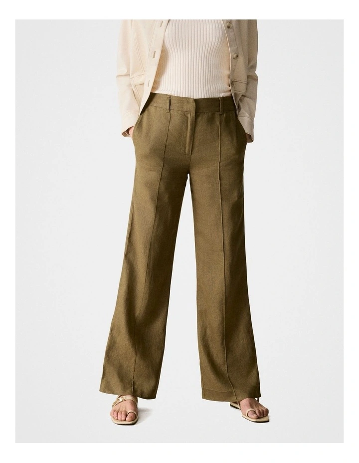 Linen Pintuck Detail Wide Leg Pant in Olive image 2