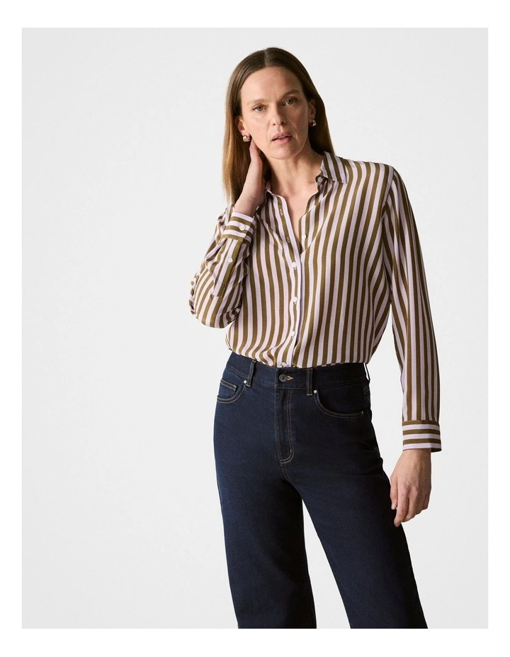 Silk Bold Stripe Shirt in Olive image 1