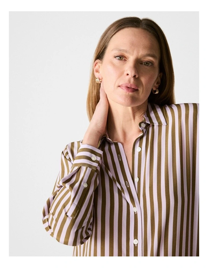 Silk Bold Stripe Shirt in Olive image 4