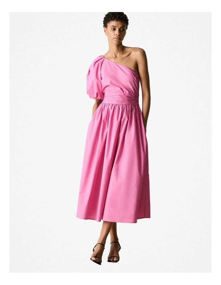 Cotton Poplin One Shoulder Dress in Brilliant Pink image 1