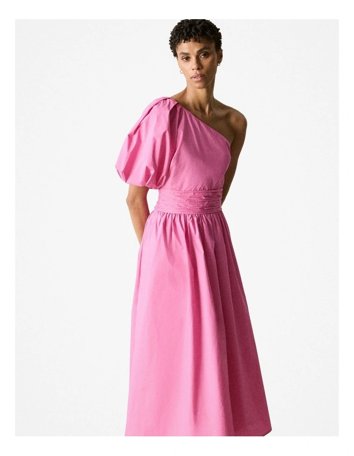 Cotton Poplin One Shoulder Dress in Brilliant Pink image 2