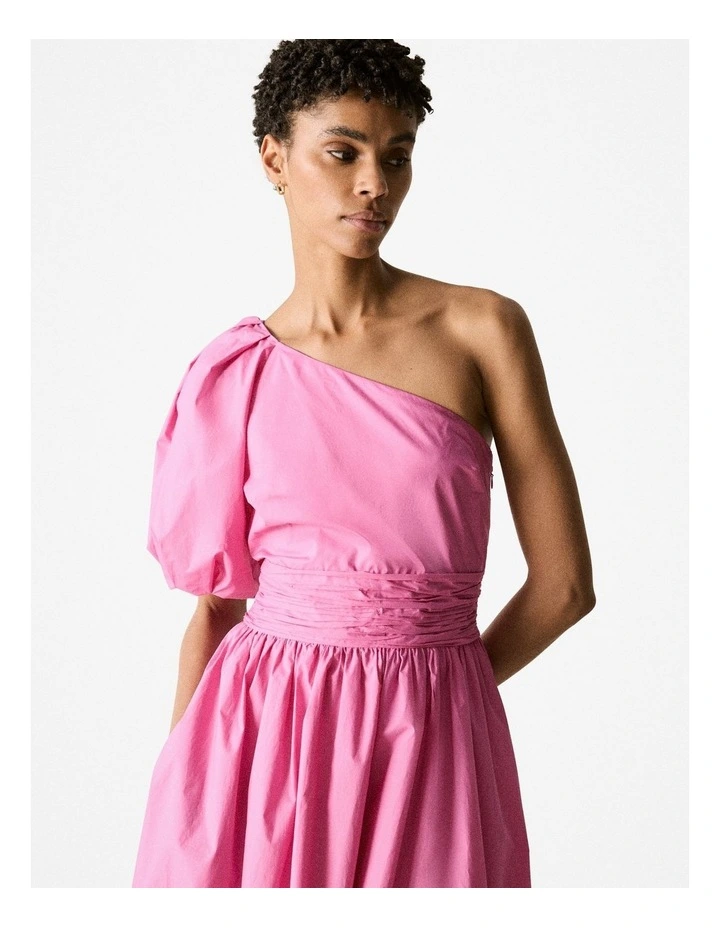 Cotton Poplin One Shoulder Dress in Brilliant Pink image 4