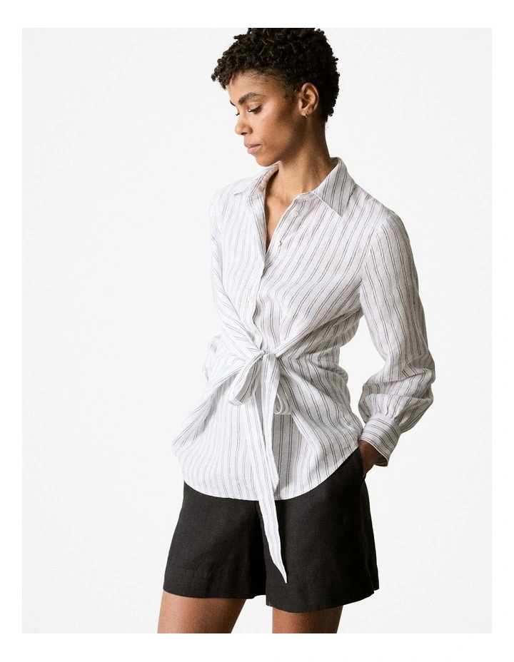 Yarn Dyed Linen Stripe Tie Waist Blouse in Black image 1