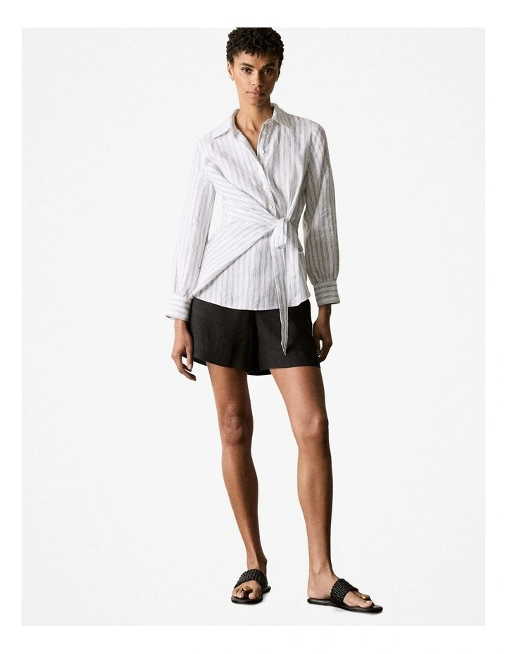 Yarn Dyed Linen Stripe Tie Waist Blouse in Black image 2