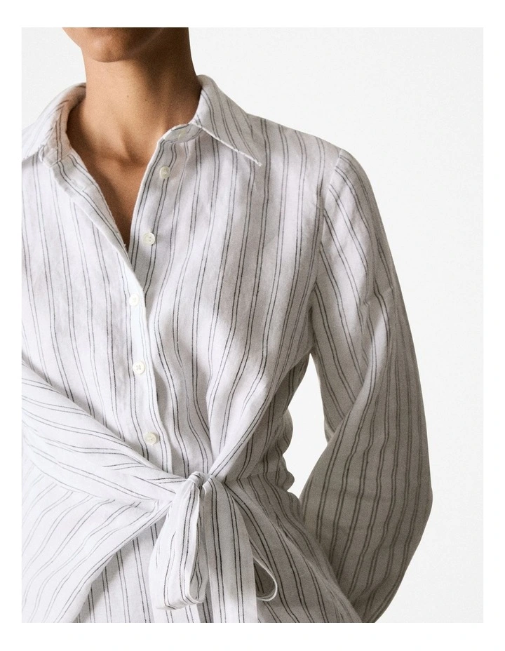 Yarn Dyed Linen Stripe Tie Waist Blouse in Black image 4
